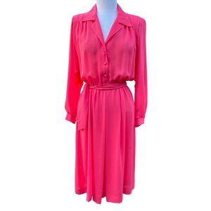 Vintage 80s Willi Petites Pink Button-Up Belted Dress Size 12 Polyester Lined
